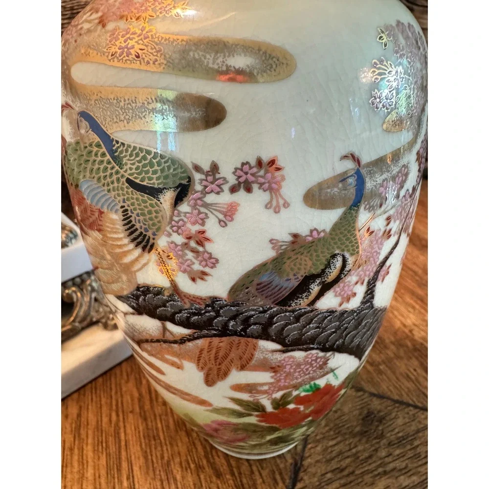 Vintage Satsuma Style Peacock Temple Vase Ginger Jar Gold Moriage 15 Inch